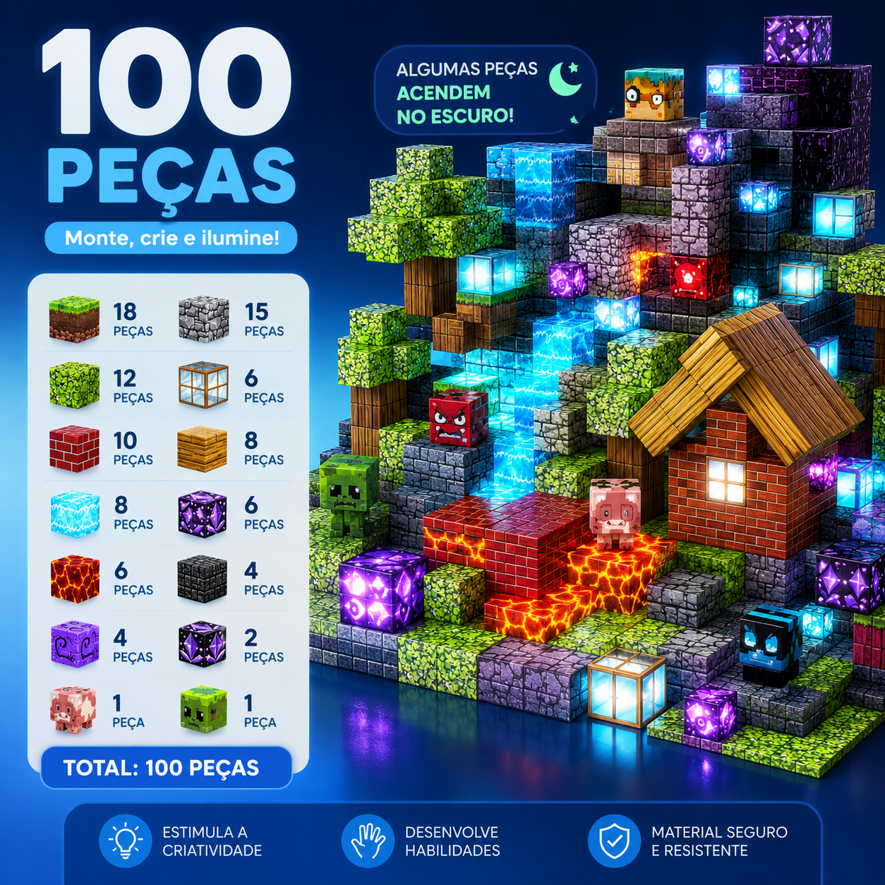 BlocoCraft | Blocos Magnéticos com Luzes - Creative Brinquedos